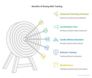 Illustration of a target board with arrows representing the benefits of boxing mitt training, including enhanced punching precision, combination flow, cardio, defense, and mental focus.