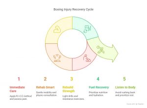 Boxing Injury Recovery Cycle diagram showing five steps: Immediate Care, Rehab Smart, Rebuild Strength, Fuel Recovery, and Listen to Body, arranged in a circular flow with icons.