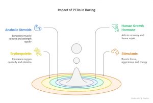 Infographic showing the impact of PEDs in boxing, including anabolic steroids (muscle growth), erythropoietin (stamina), human growth hormone (recovery), and stimulants (energy and focus).