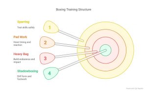Boxing training structure chart with four layers: Sparring, Pad Work, Heavy Bag, and Shadowboxing—each building skills from form to endurance and timing.