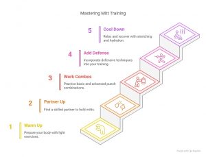 Boxing mitt training guide showing five steps: warm-up, partner drills, combos, defense, and cool down—visually stacked like stairs with icons.