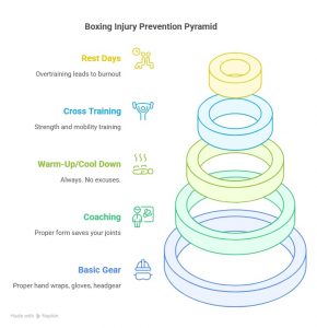 Boxing Injury Prevention Pyramid graphic with five levels: Basic Gear, Coaching, Warm-Up/Cool Down, Cross Training, and Rest Days, each highlighting a key strategy to prevent boxing injuries.
